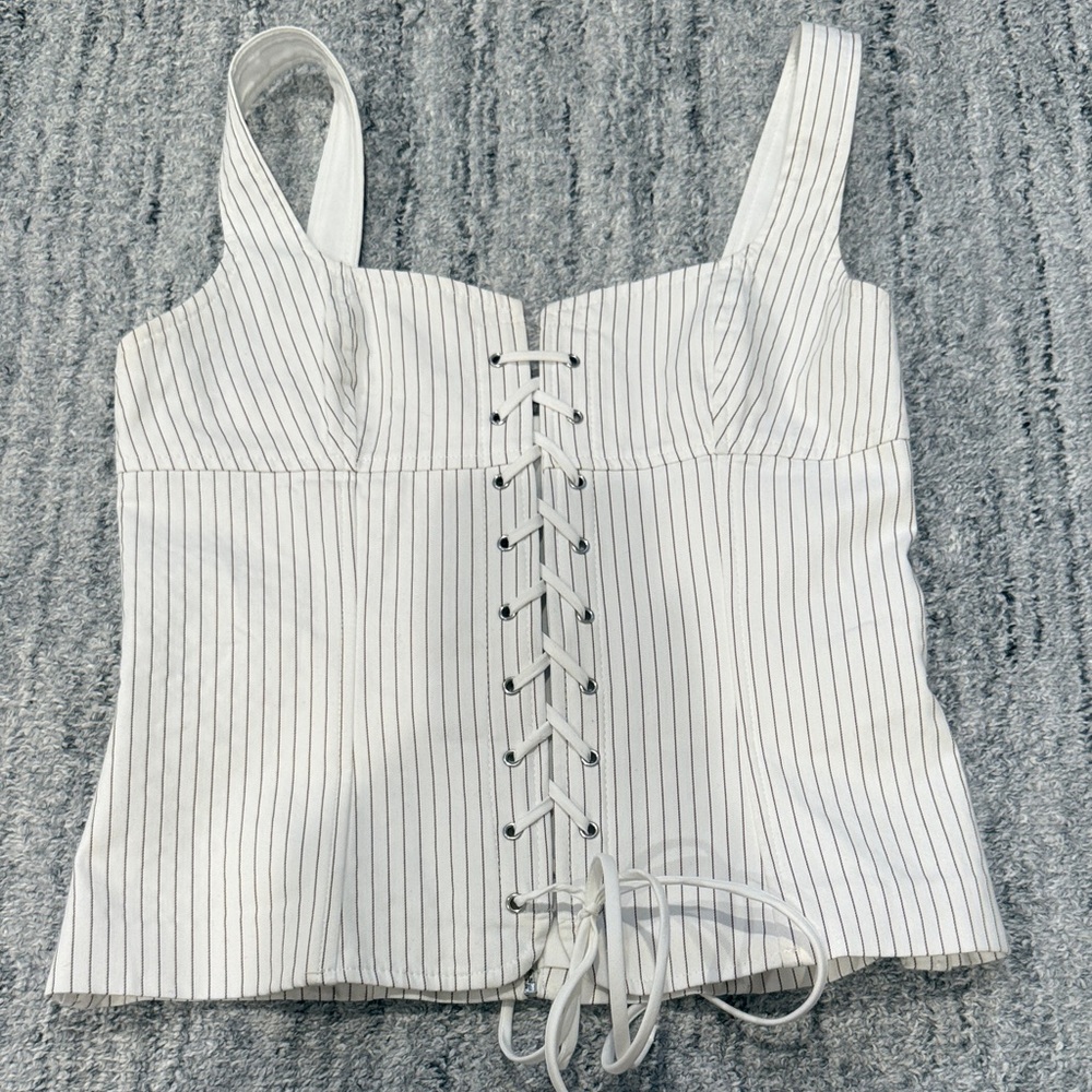 Zara White and brown Pinstripe Lace-Up Bustier Top